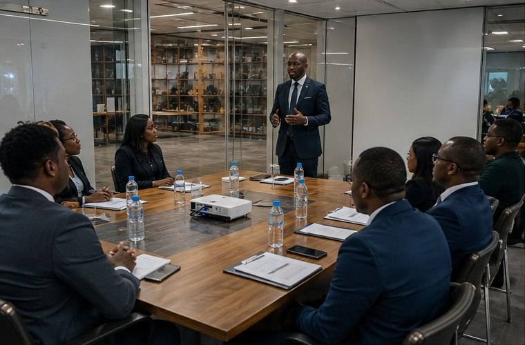 Boardroom training session with facilitator and participants